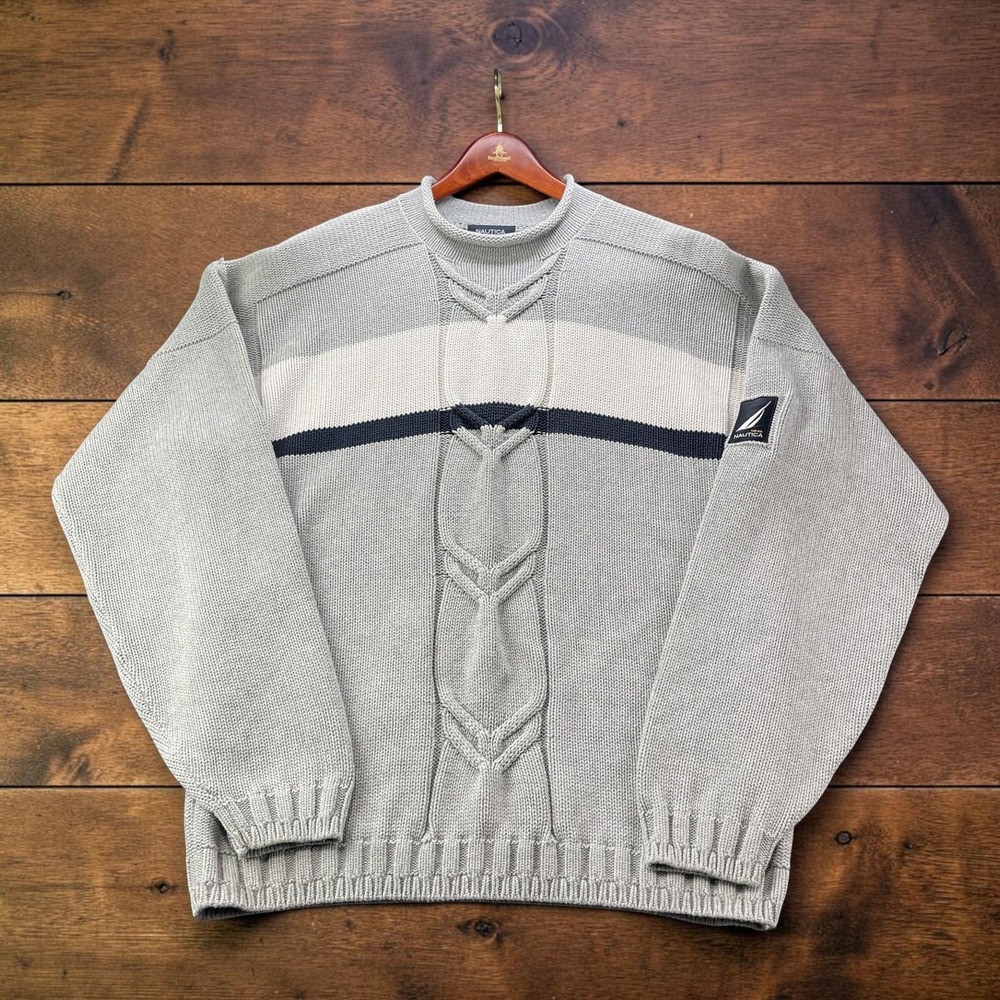 Vintage 90s Nautica Mens Cable Knit Crewneck Sweater XXL Grey Navy Stripe Cotton
